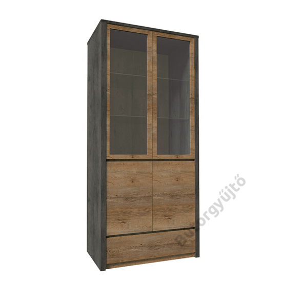 Vitrines szekrény, tölgy lefkas sötét/smooth szürke, MONTANA W2D