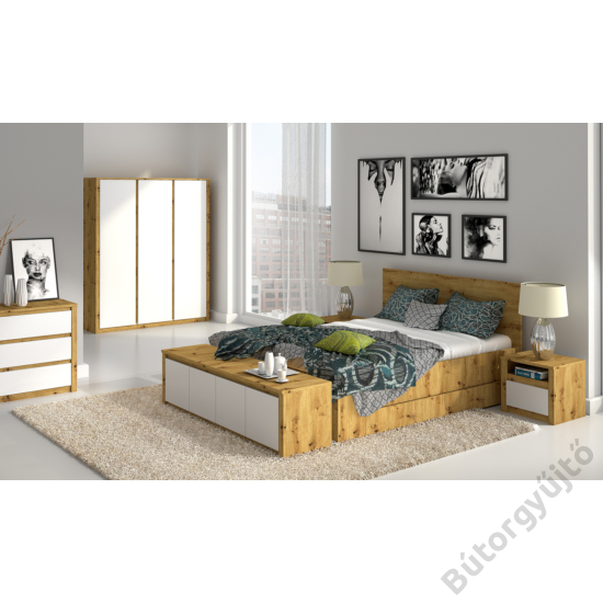 Kétszemélyes ágy, artisan tölgy/fehér, Malta L1